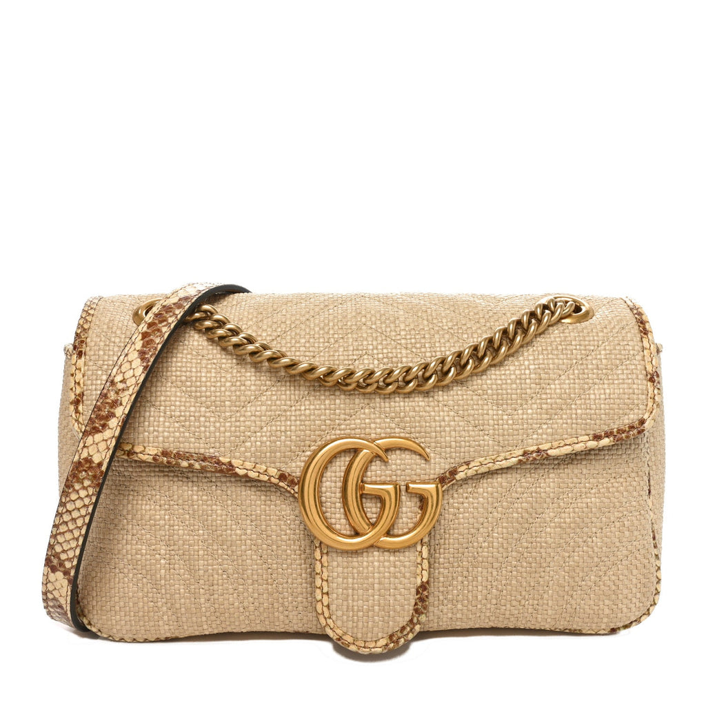 Raffia Elaphe Matelasse Small GG Marmont Shoulder Bag Natural Cream Brown