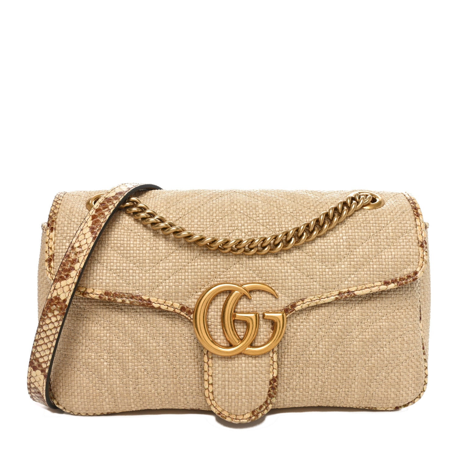 Raffia Elaphe Matelasse Small GG Marmont Shoulder Bag Natural Cream Brown