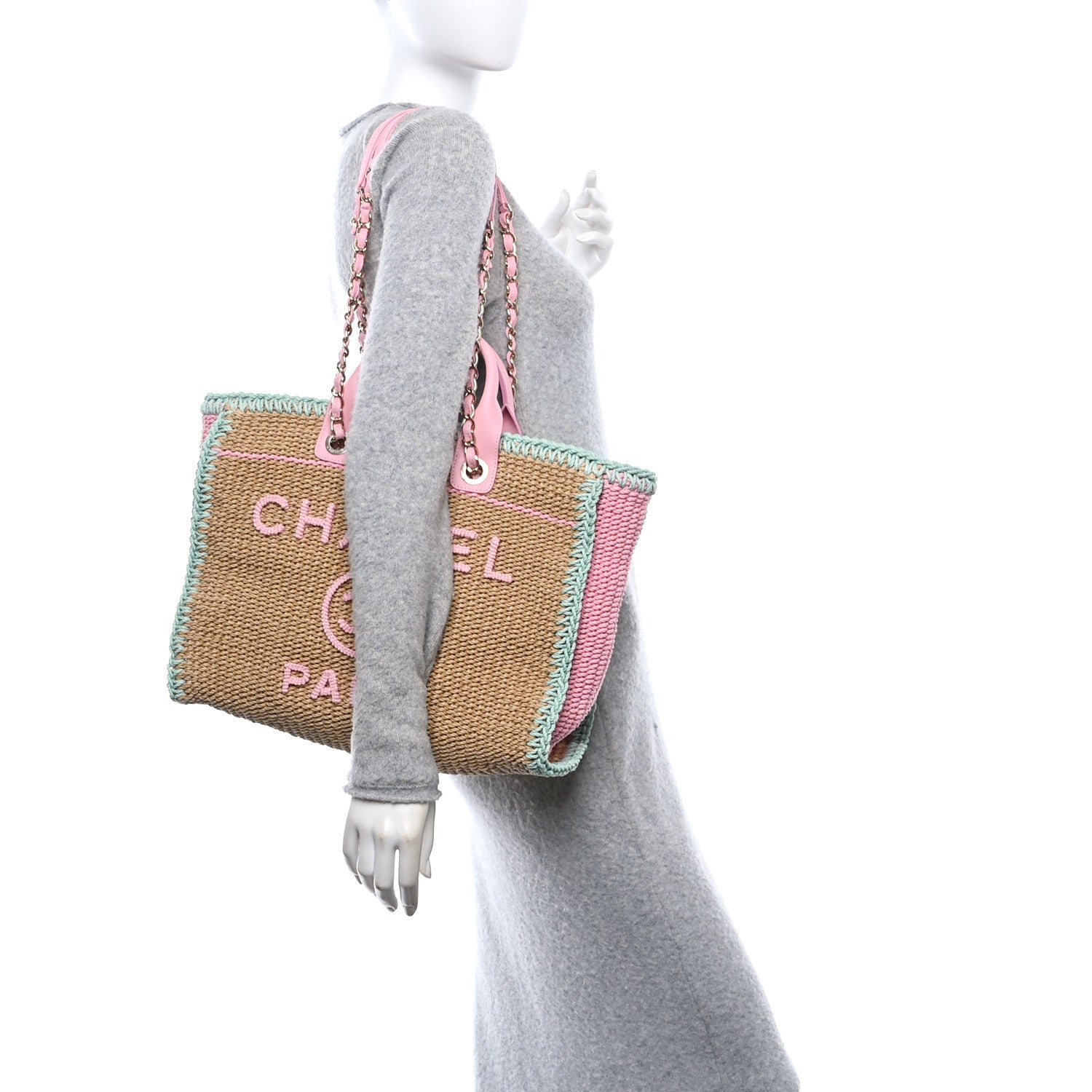 Raffia Crochet Medium Deauville Tote Beige Light Pink Green