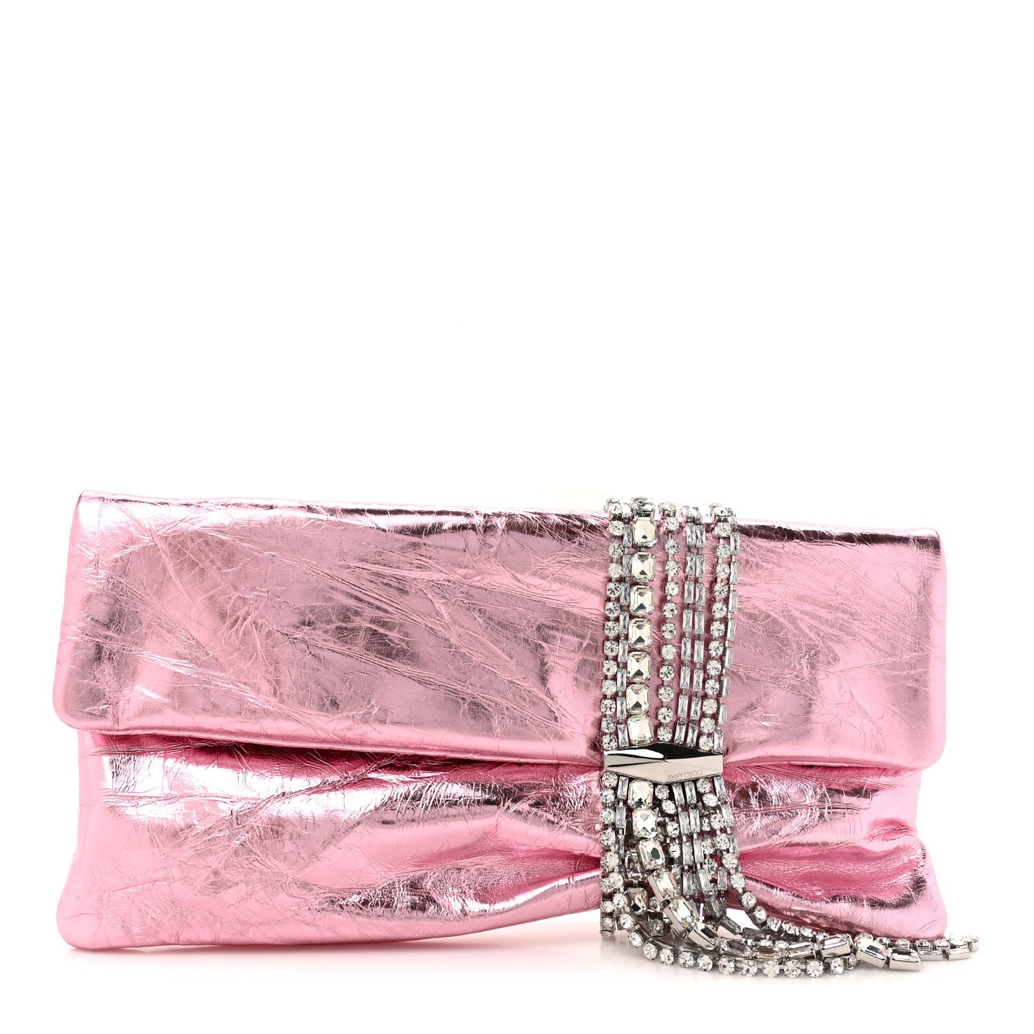 Vintage Metallic Calfskin Crystal Zandra Clutch Bag Rose Silver