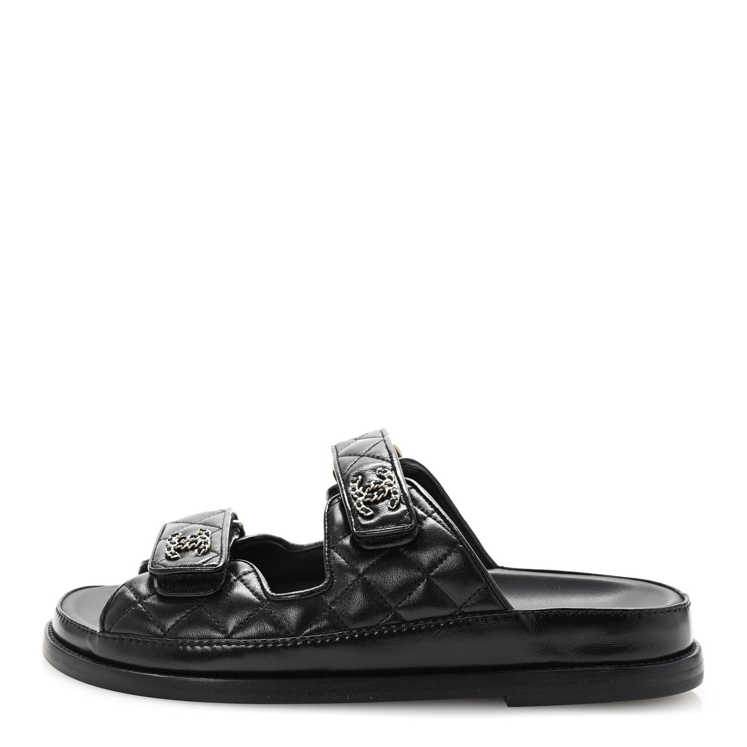 Lambskin Quilted Velcro Dad Chain CC Slide Sandals 37.5 Black
