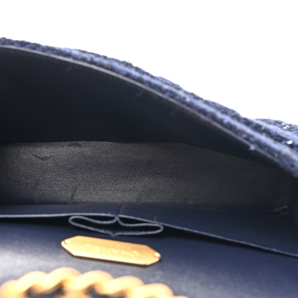 Tweed Sequin Timeless Classic Chained Double Flap Navy Blue
