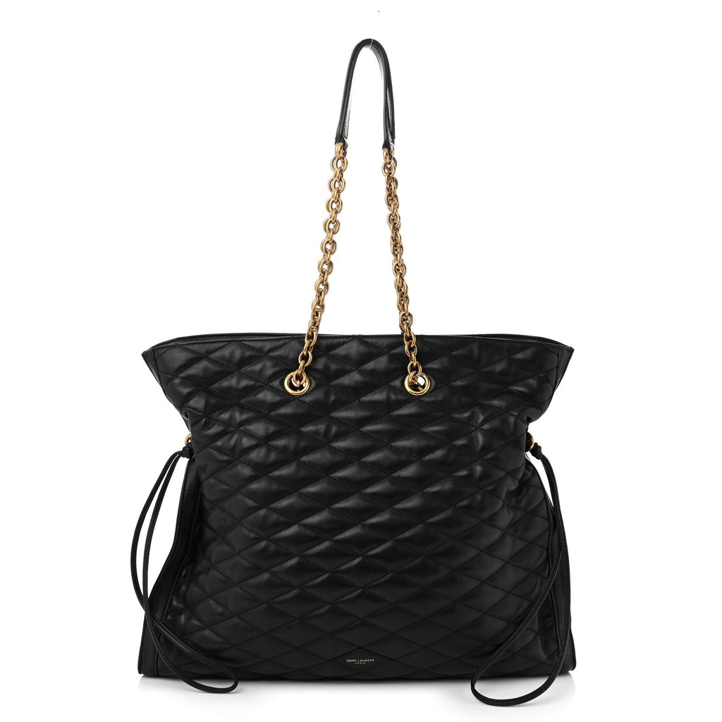 Lambskin Quilted Pochon Drawstring Tote Bag Black