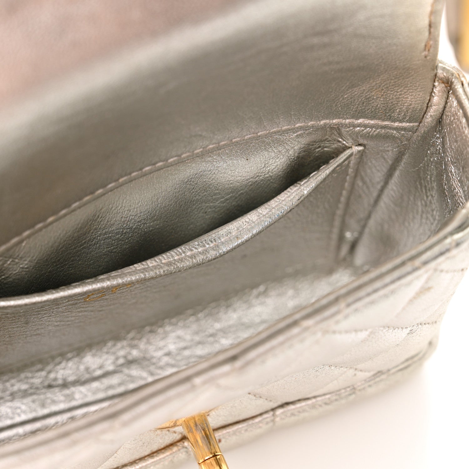 Metallic Goatskin Quilted Square Flap Shoulder Bag Silver