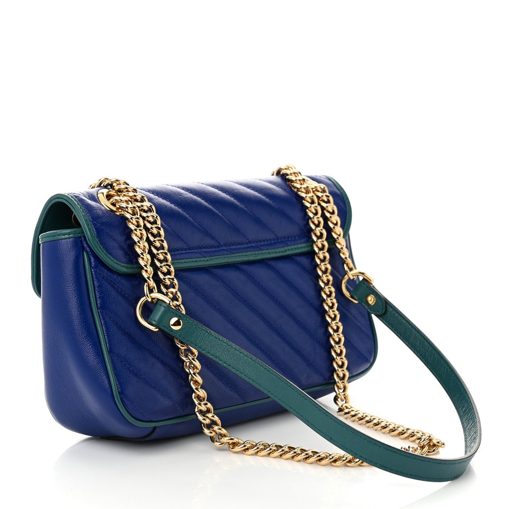 Azalea Calfskin Enamel Matelasse Diagonal Small Torchon GG Marmont Shoulder Bag Imperial Blue Pavone