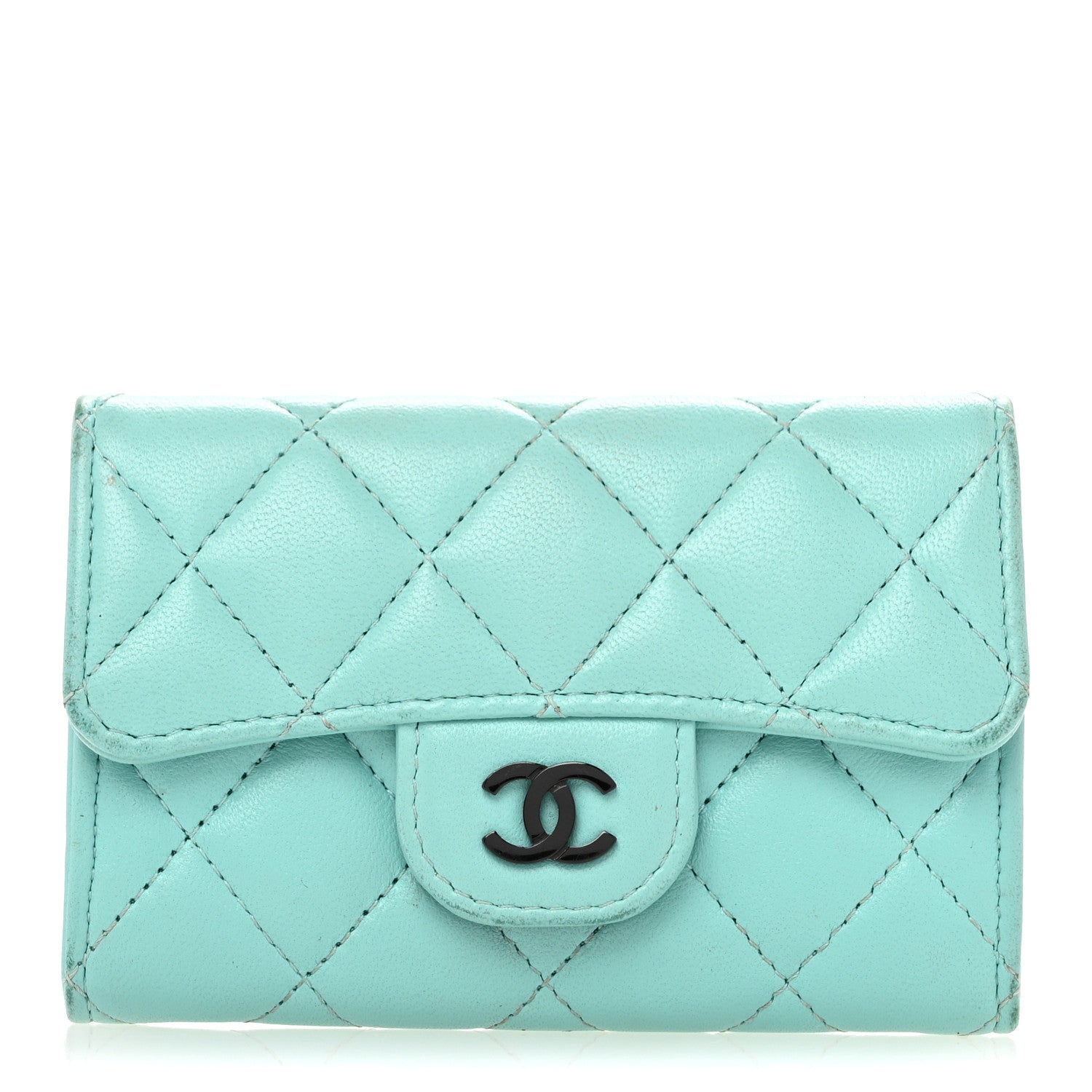 Lambskin Quilted Flap  Holder Wallet Turquoise