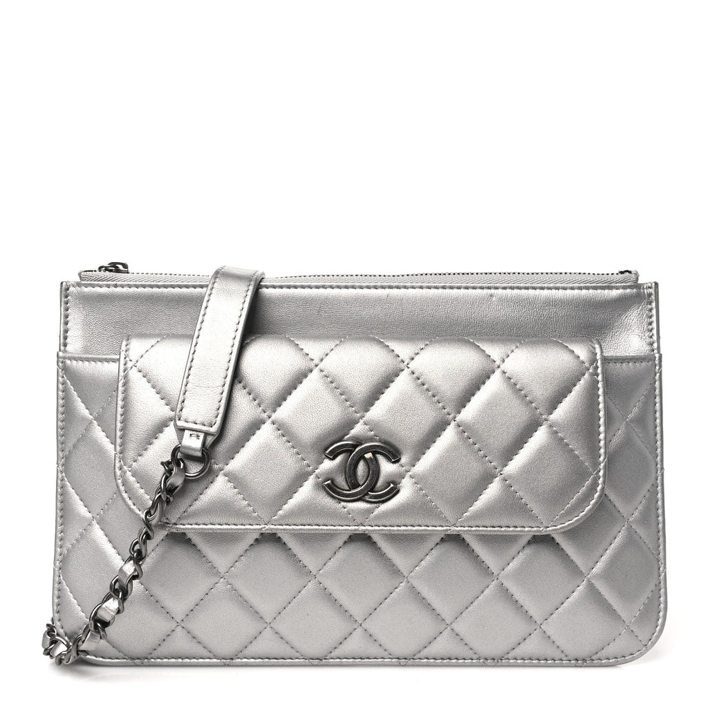 Metallic Lambskin Quilted Clutch With Chain Silver