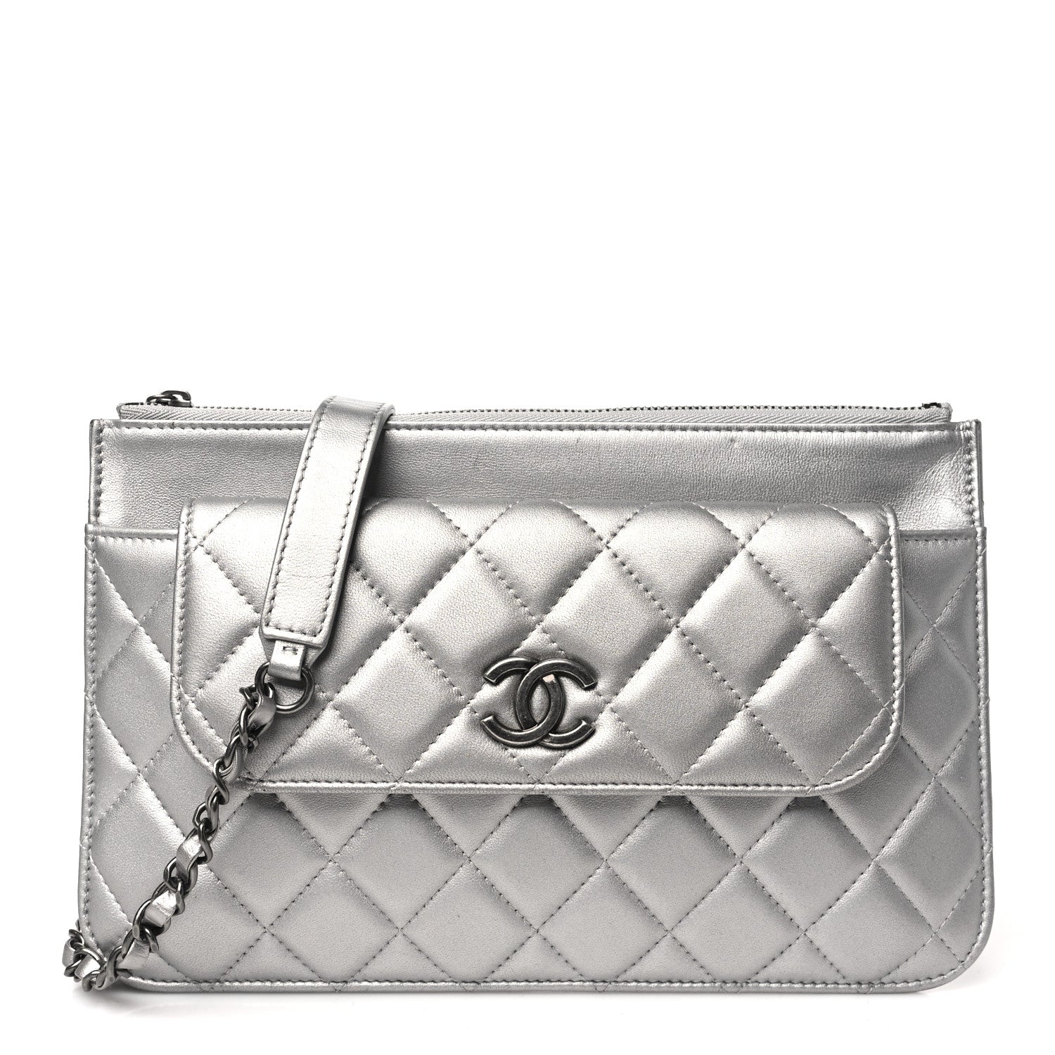 Metallic Lambskin Quilted Clutch With Chain Silver