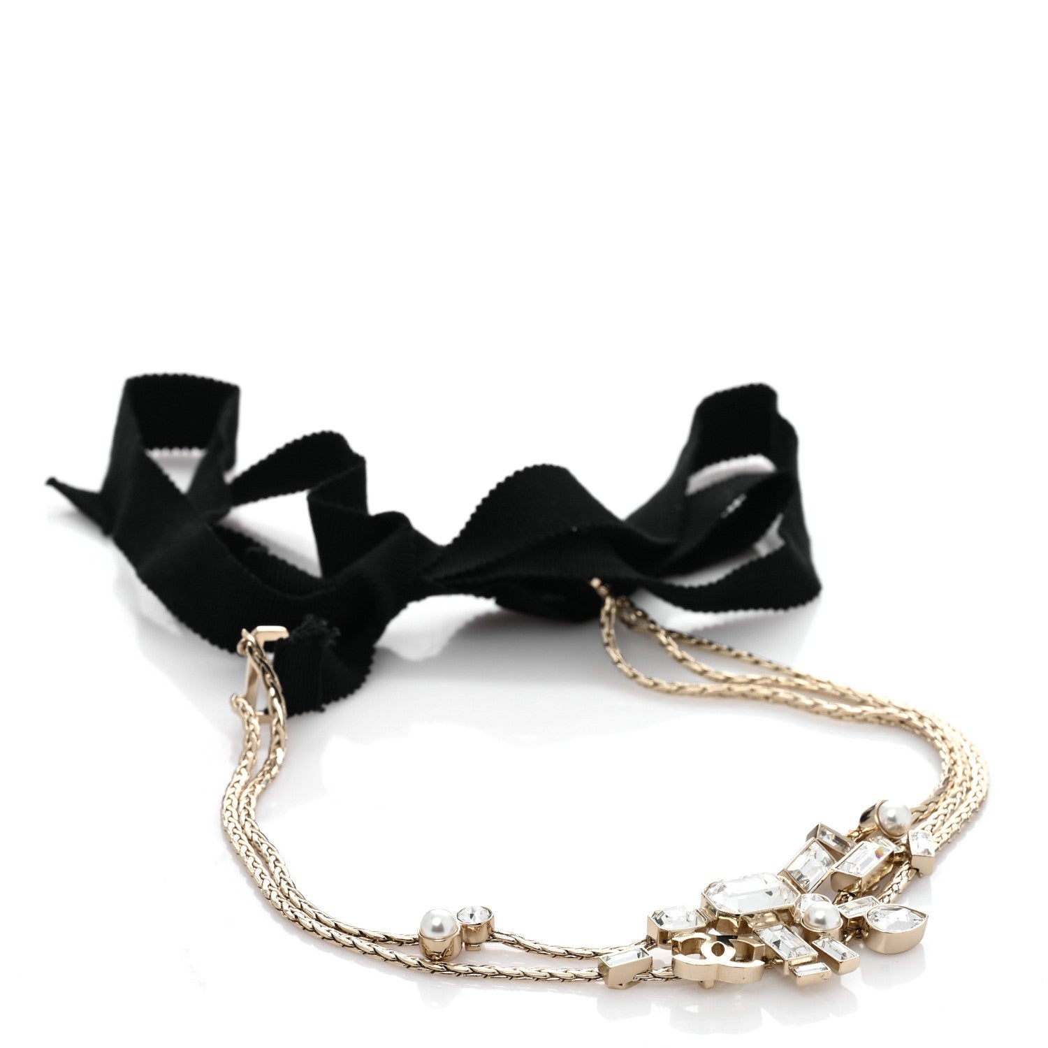 Metal Crystal Pearl Grosgrain CC Chain Tie Headband Gold