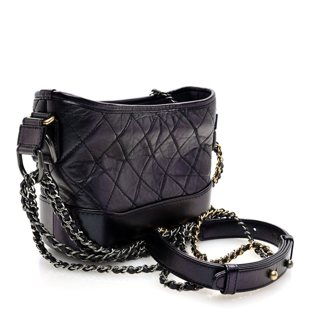 Iridescent Aged Calfskin Quilted Small Gabrielle Hobo Black