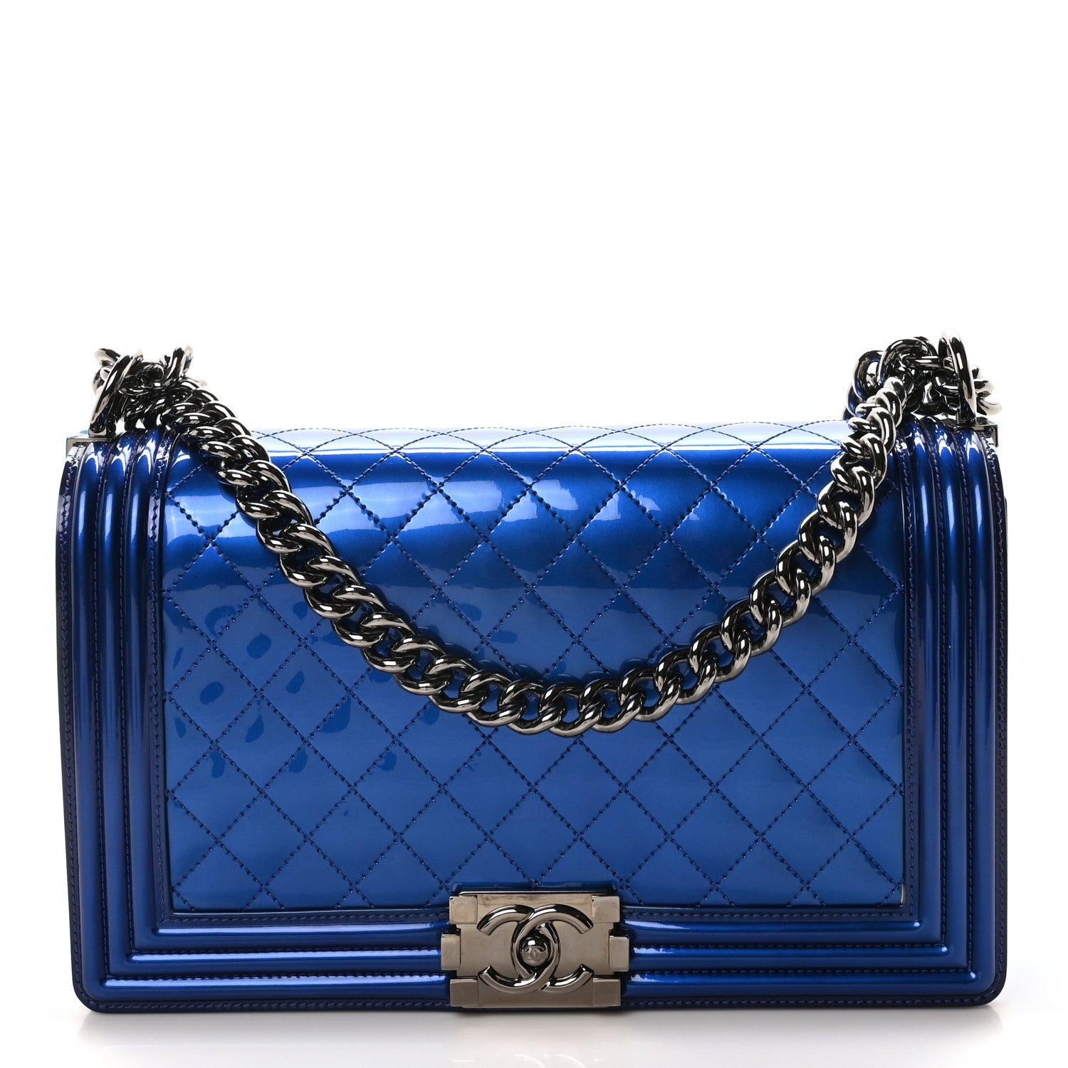Metallic Patent Quilted New Medium Boy Flap Blue