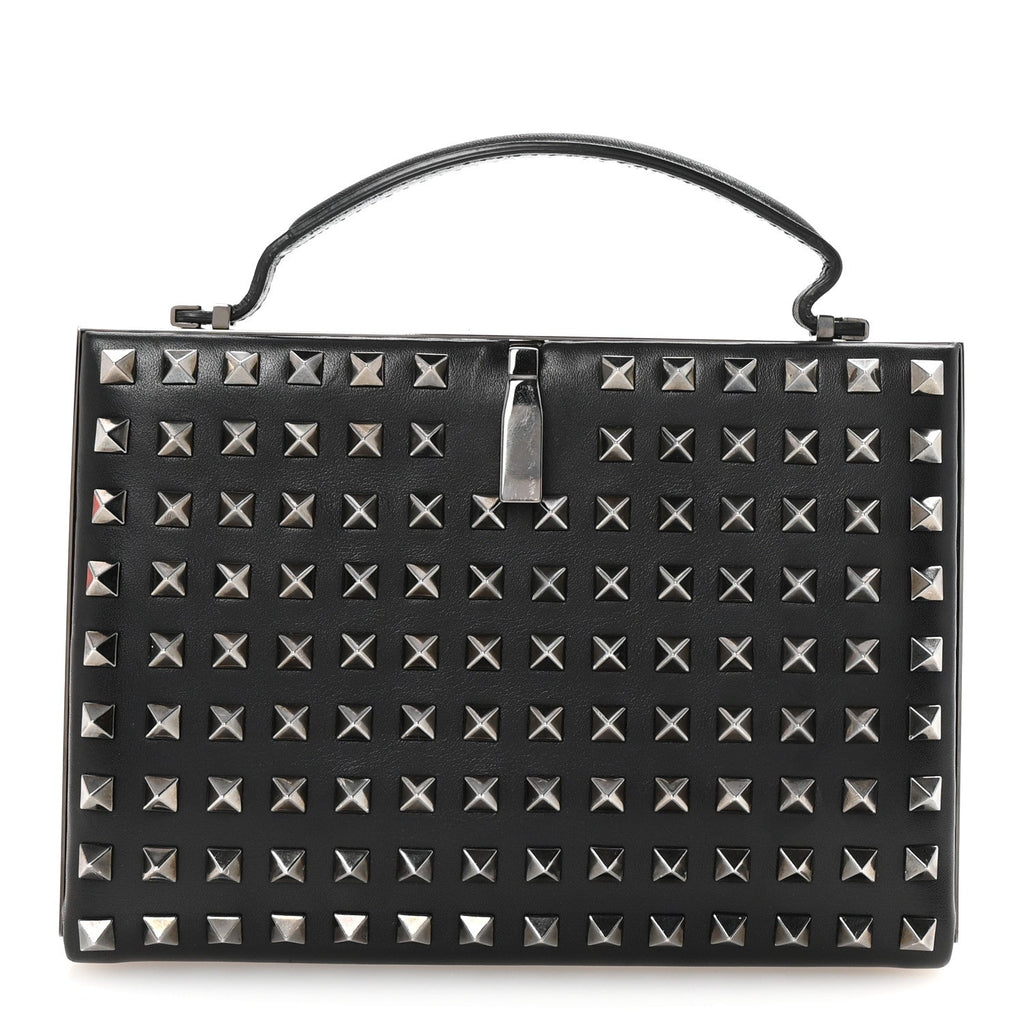 Vitello Monochrome Rockstud Allover Top Handle Clutch Black