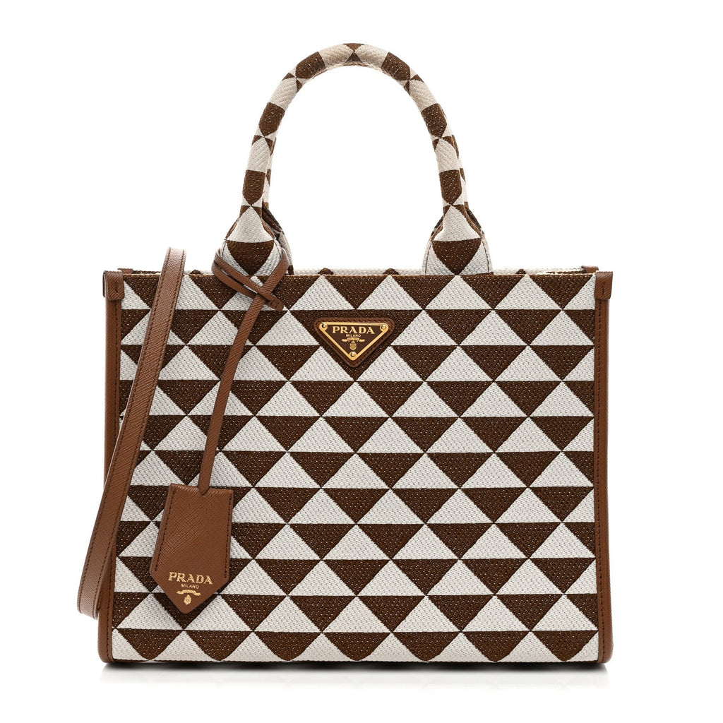 Jacquard Saffiano Triangolo Symbole Embroidered Small Tote Tobacco Talco