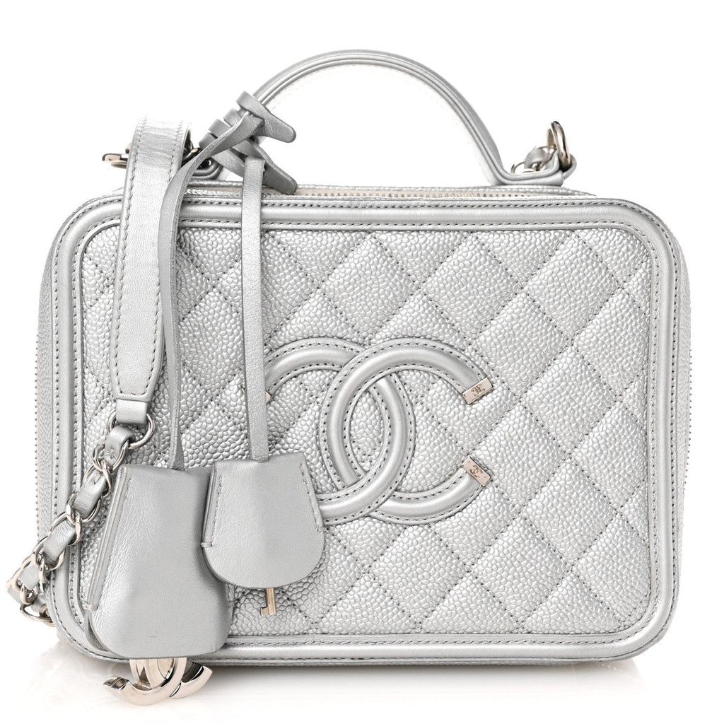 Metallic Caviar Quilted Medium CC Filigree Vanity Case Silver