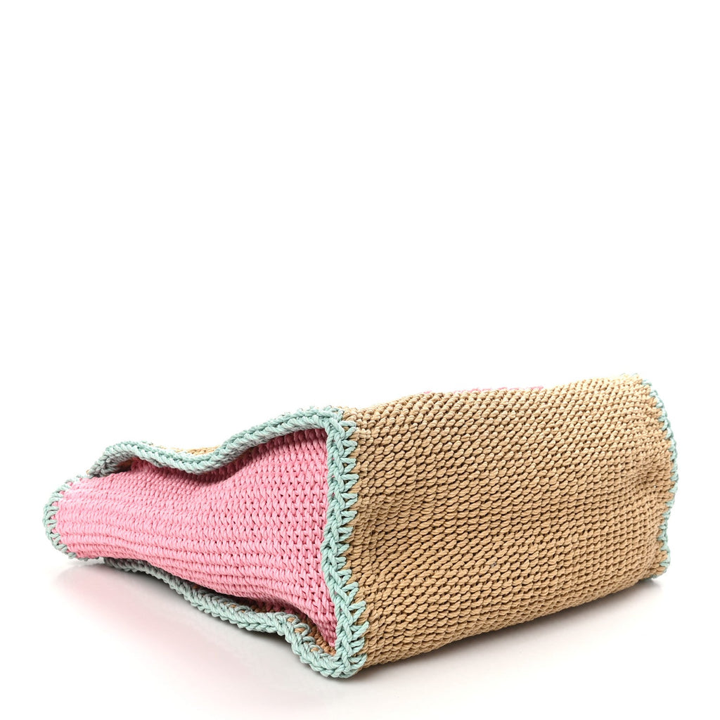 Raffia Crochet Medium Deauville Tote Beige Light Pink Green