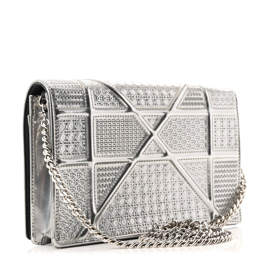 Metallic Patent Micro-Cannage Diorama Wallet on Chain Pouch Silver