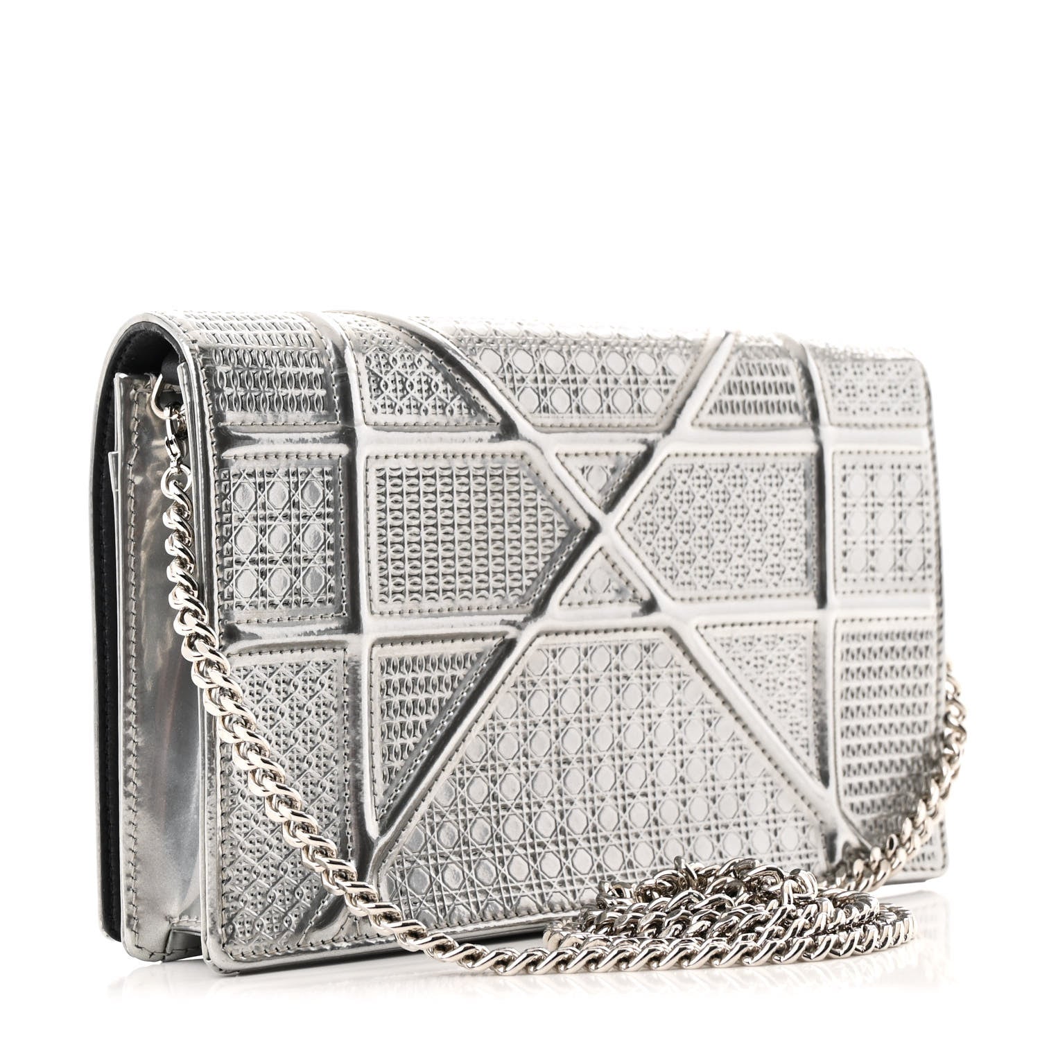 Metallic Patent Micro-Cannage Diorama Wallet on Chain Pouch Silver