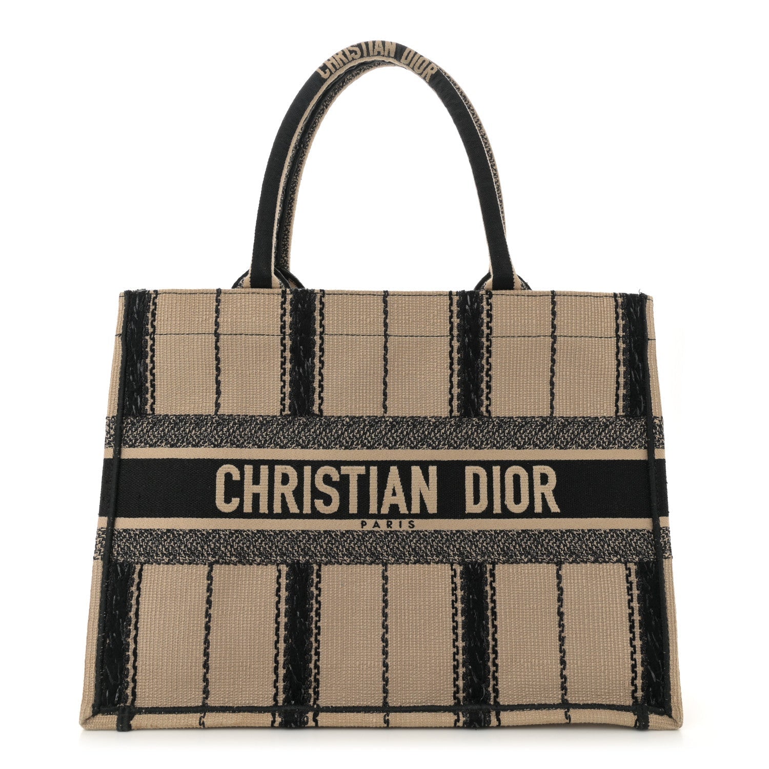 Canvas Embroidered Medium Bayadere Book Tote Black Beige