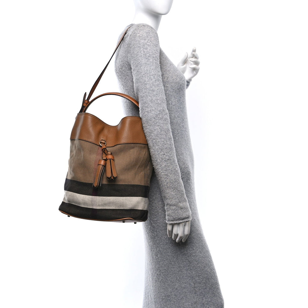 Grainy Calfskin Canvas Mega Check Medium Ashby Tassel Hobo Saddle Brown