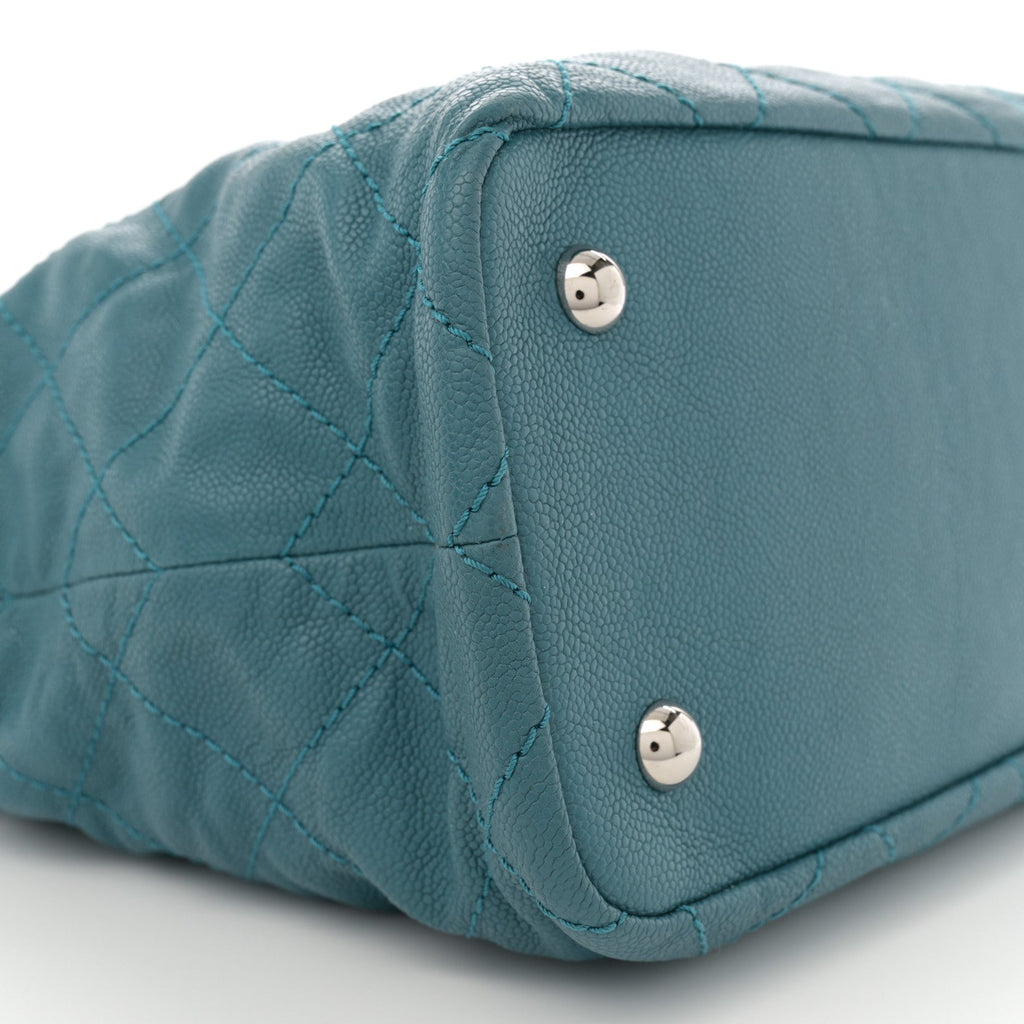 Grained Calfskin Quilted Small Daily Shopping Tote Turquoise
