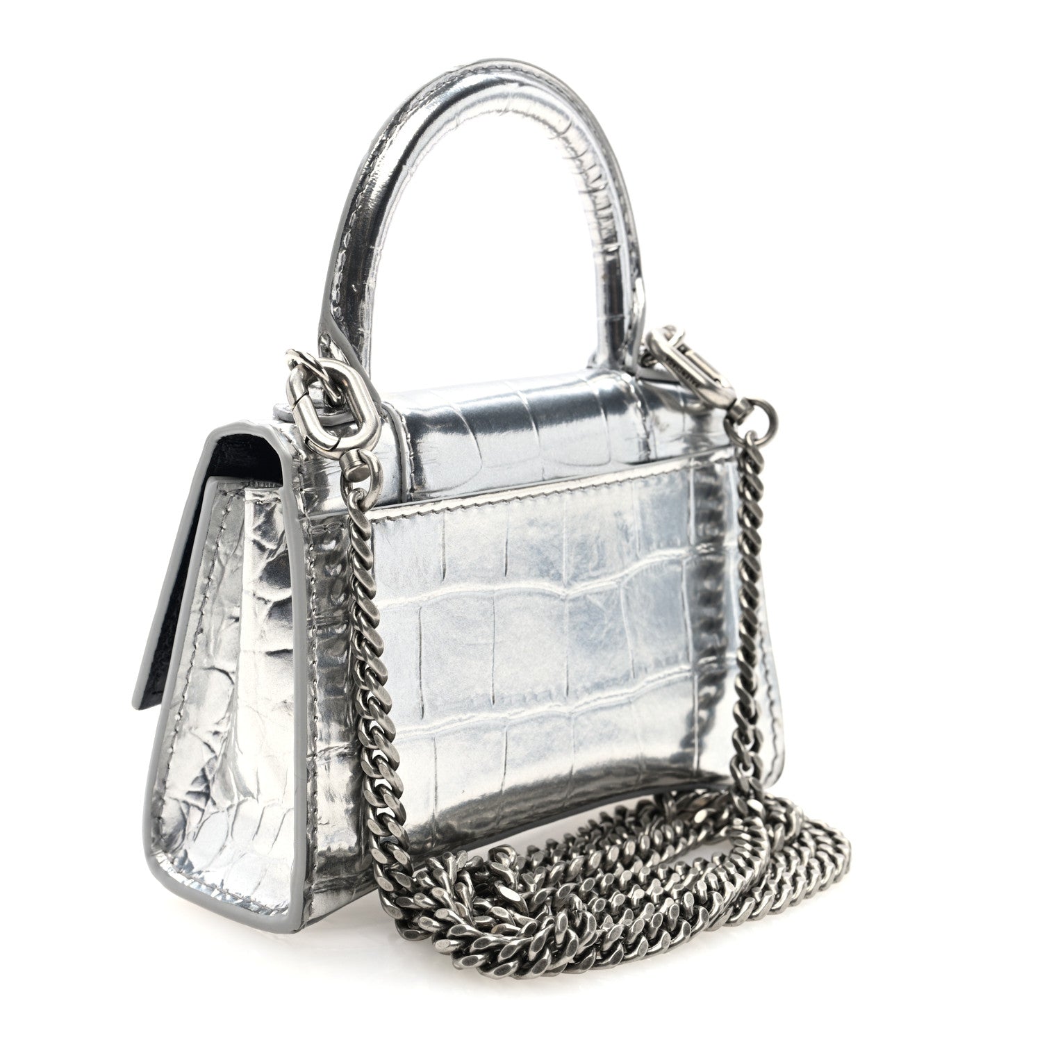 Metallic Calfskin Crocodile Embossed Hourglass Top Handle Bag Mini with Chain Silver