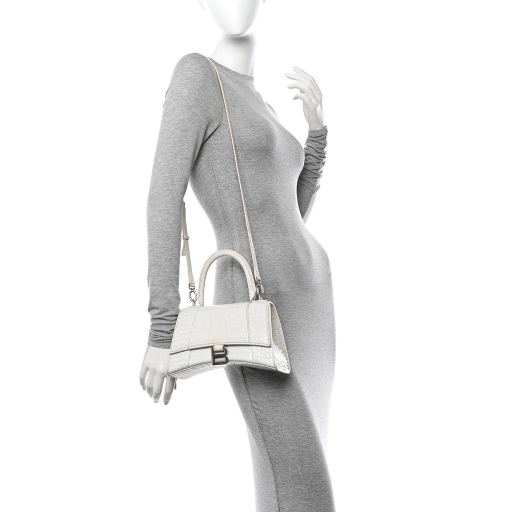 Calfskin Crocodile Embossed Small Hourglass Top Handle Bag White