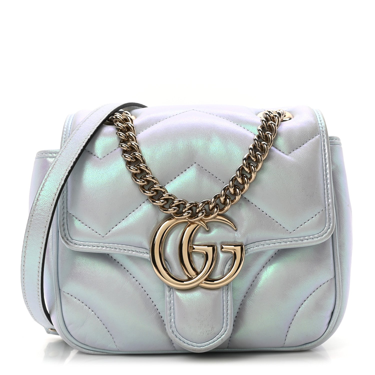 Iridescent Nappa Chevron Matelasse Mini GG Marmont Shoulder Bag Iridescent Snow Light Blue
