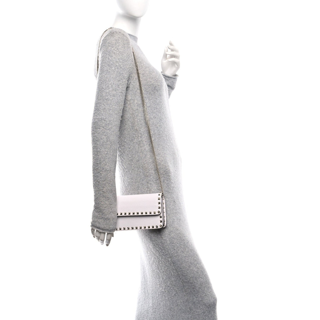 Grainy Calfskin Rockstud Chain Pouch White