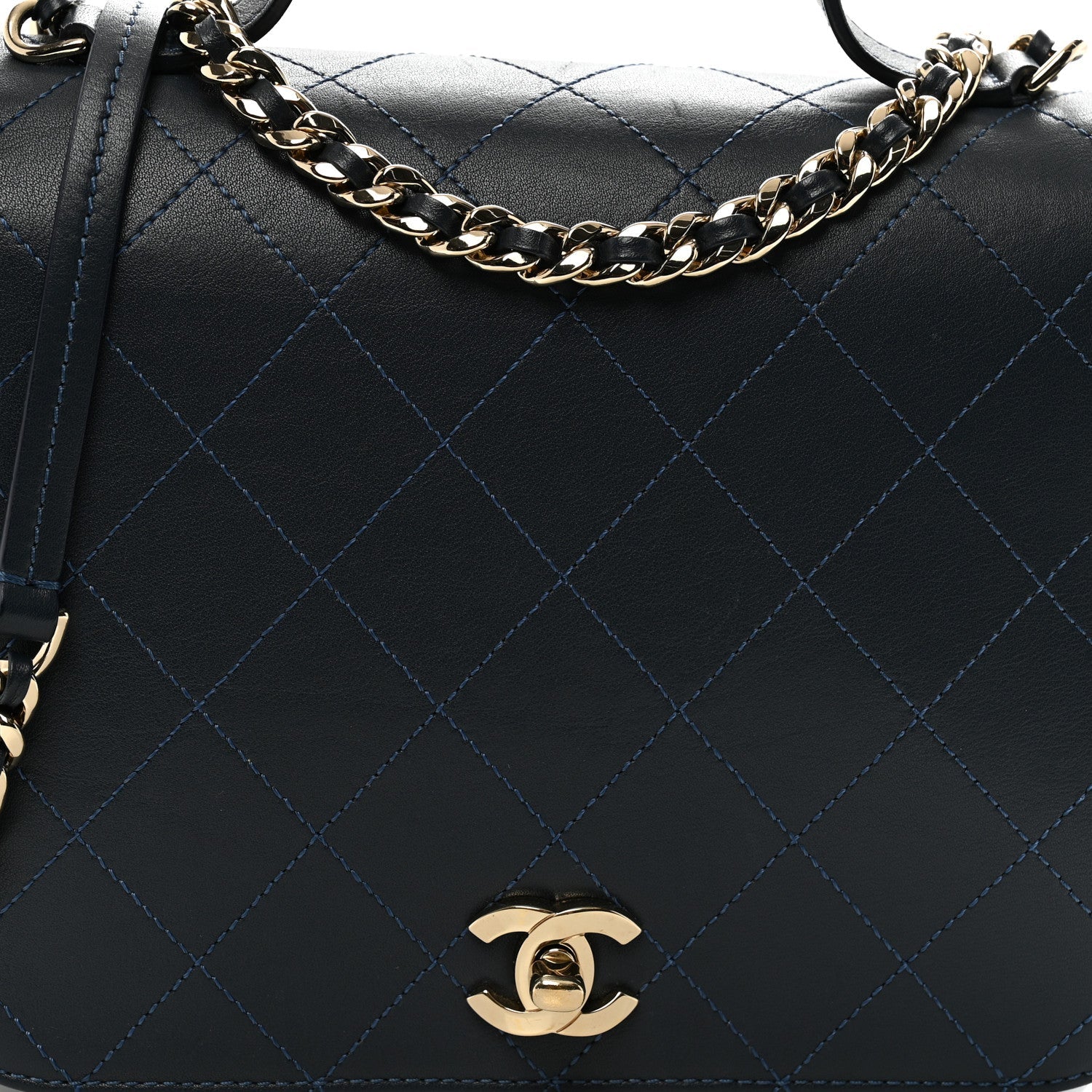 Calfskin Quilted Double Pocket Top Handle Flap Blue