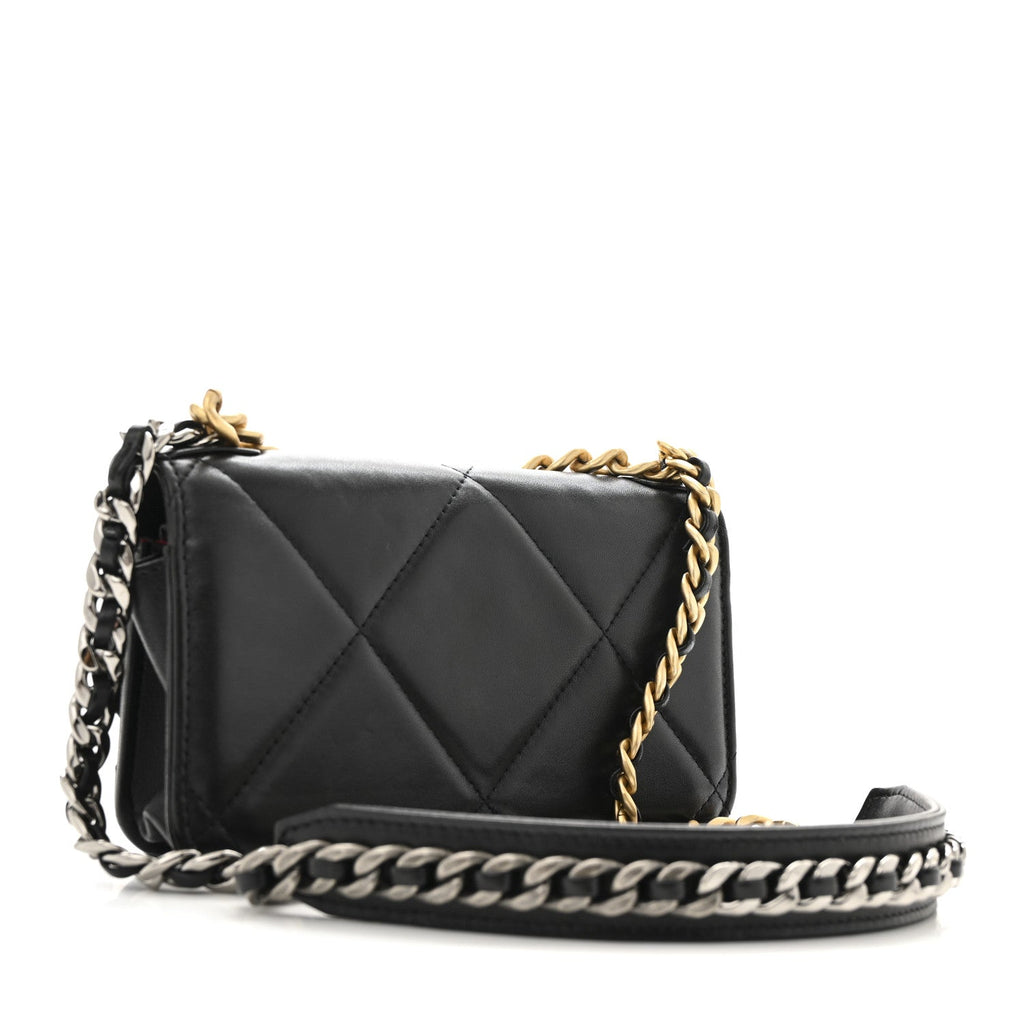 Lambskin Quilted Chanel 19 Flap Phone Holder With Chain Black