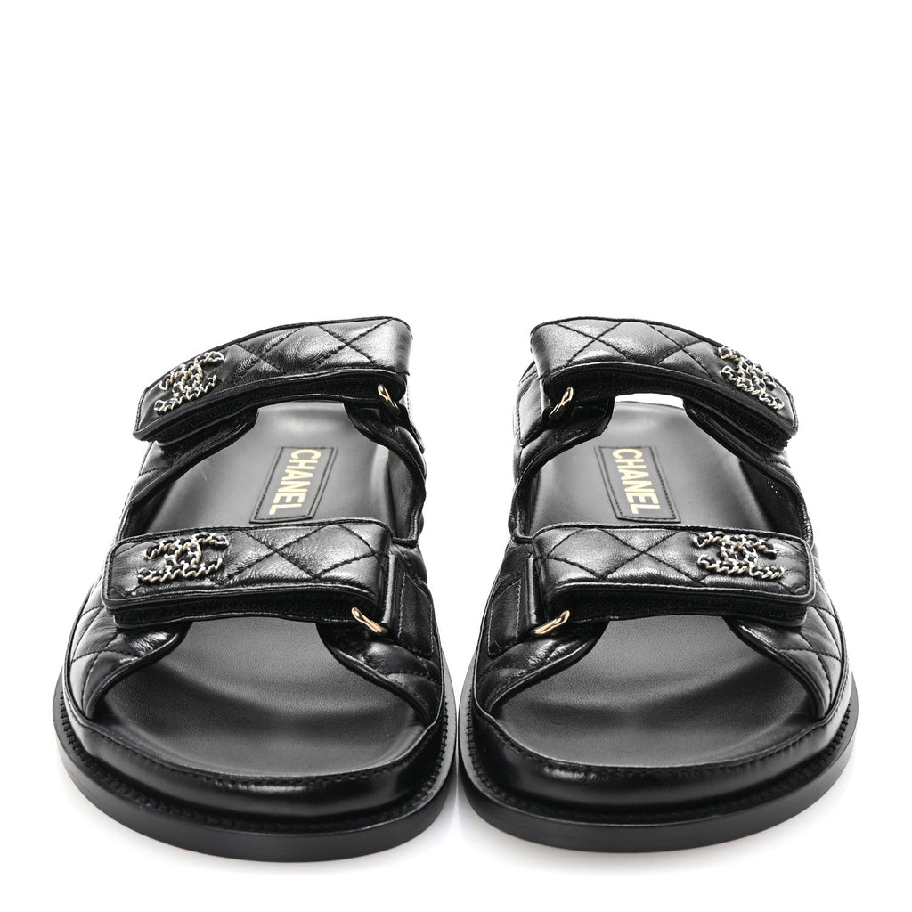 Lambskin Quilted Velcro Dad Chain CC Slide Sandals 36.5 Black