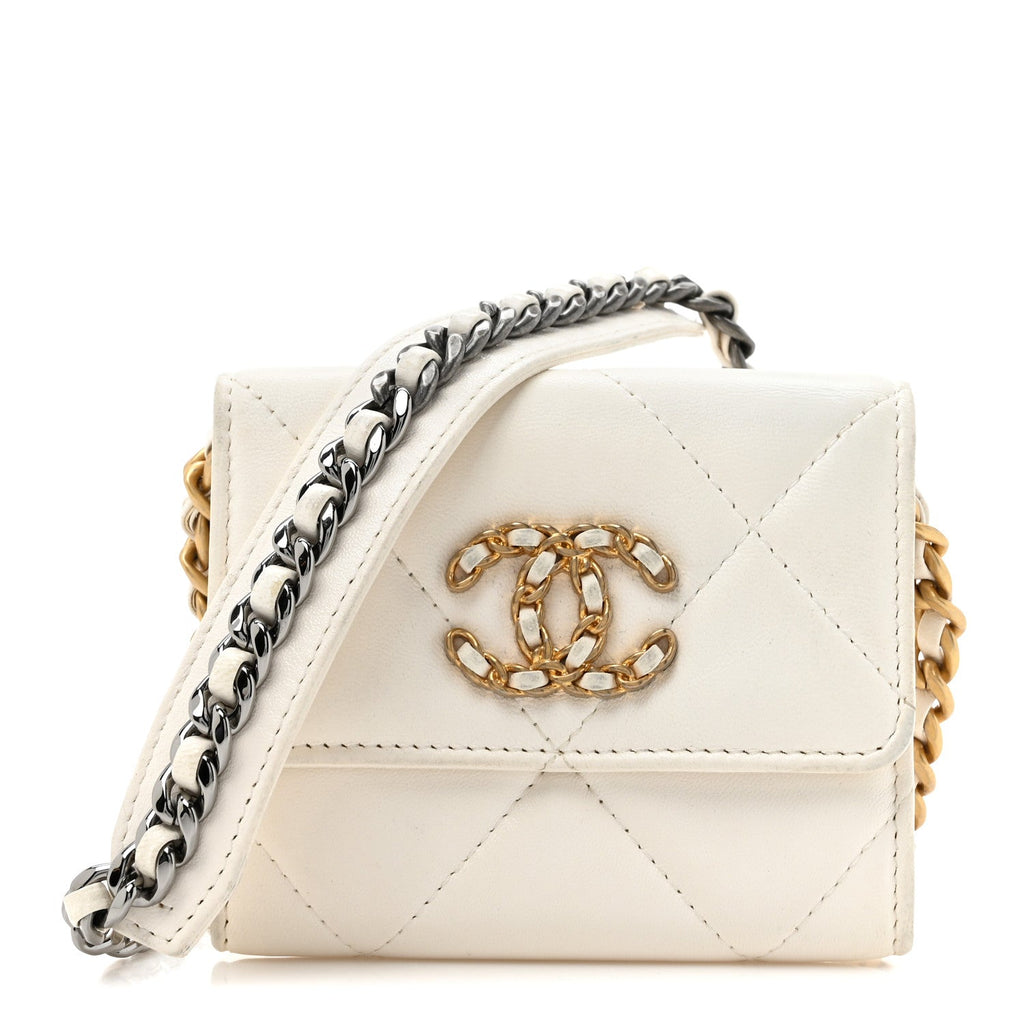 Lambskin Quilted Chanel 19 Flap Coin Purse With Chain White