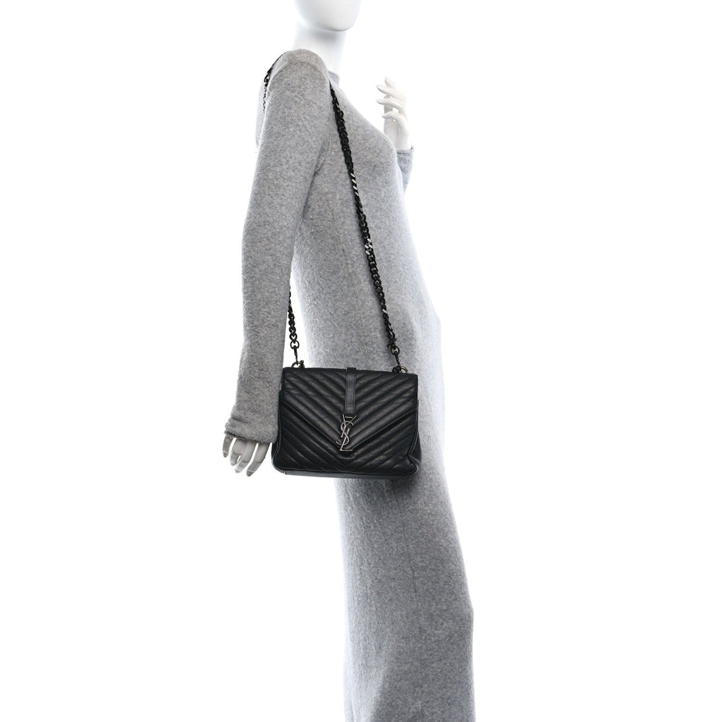 Sheepskin Matelasse Chevron Monogram Monochrome Medium College Bag Black