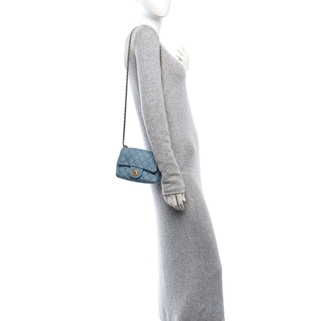 Denim Quilted Mini Pearl Crush Flap Blue