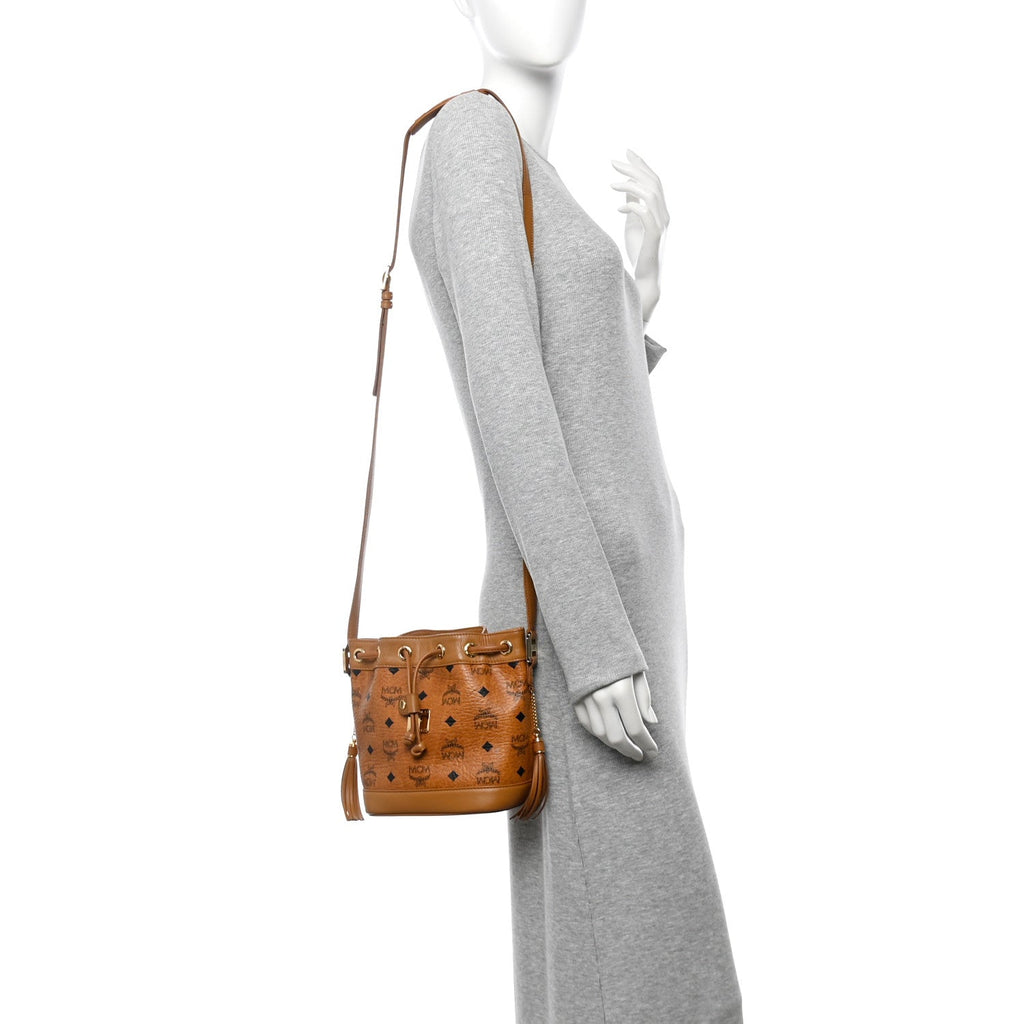 Visetos Mini Drawstring Tassel Bucket Bag Cognac