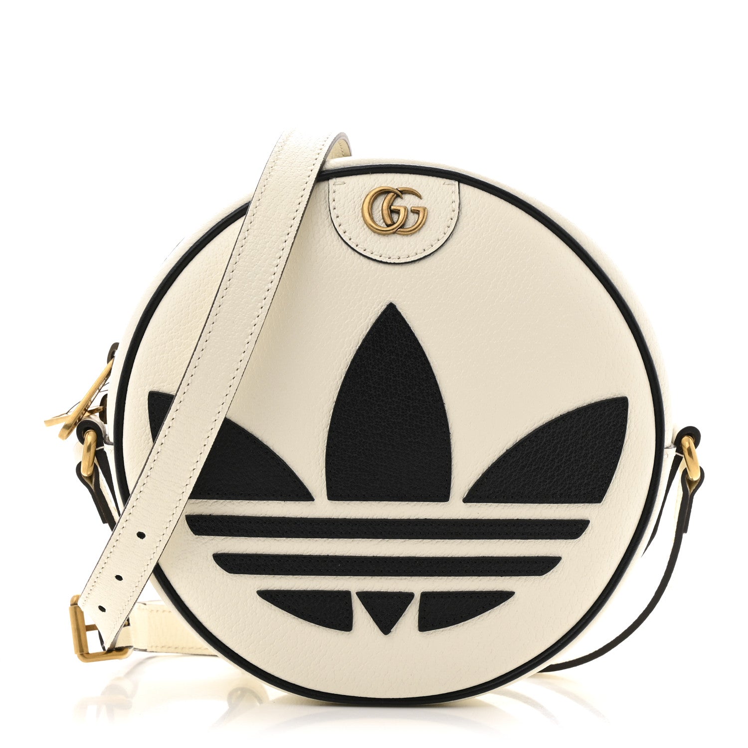 X ADIDAS Textured Dollar Calfskin Web Trefoil Logo Small Ophidia Round Shoulder Bag Off White Black