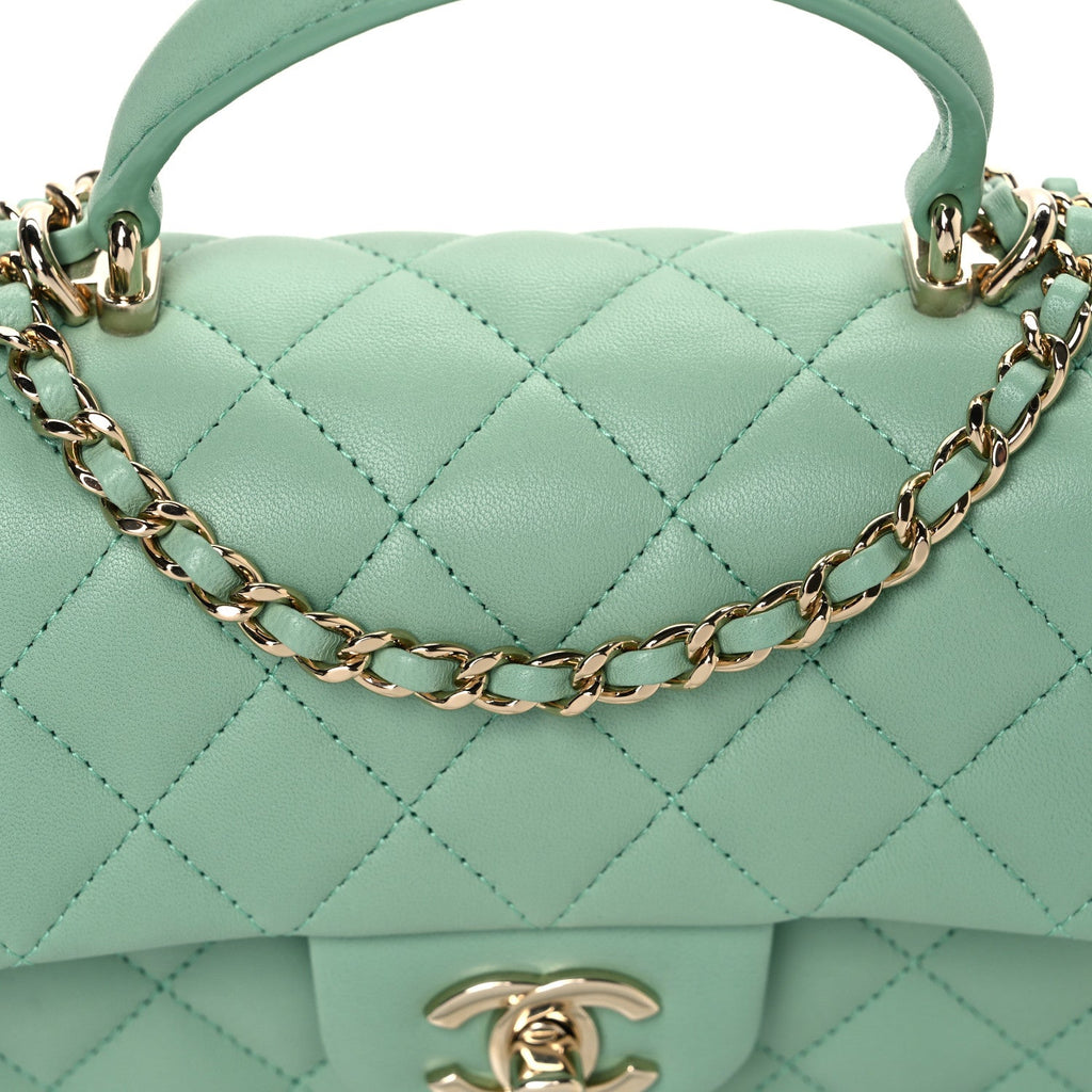 Lambskin Quilted Mini Top Handle Rectangular Flap Light Green