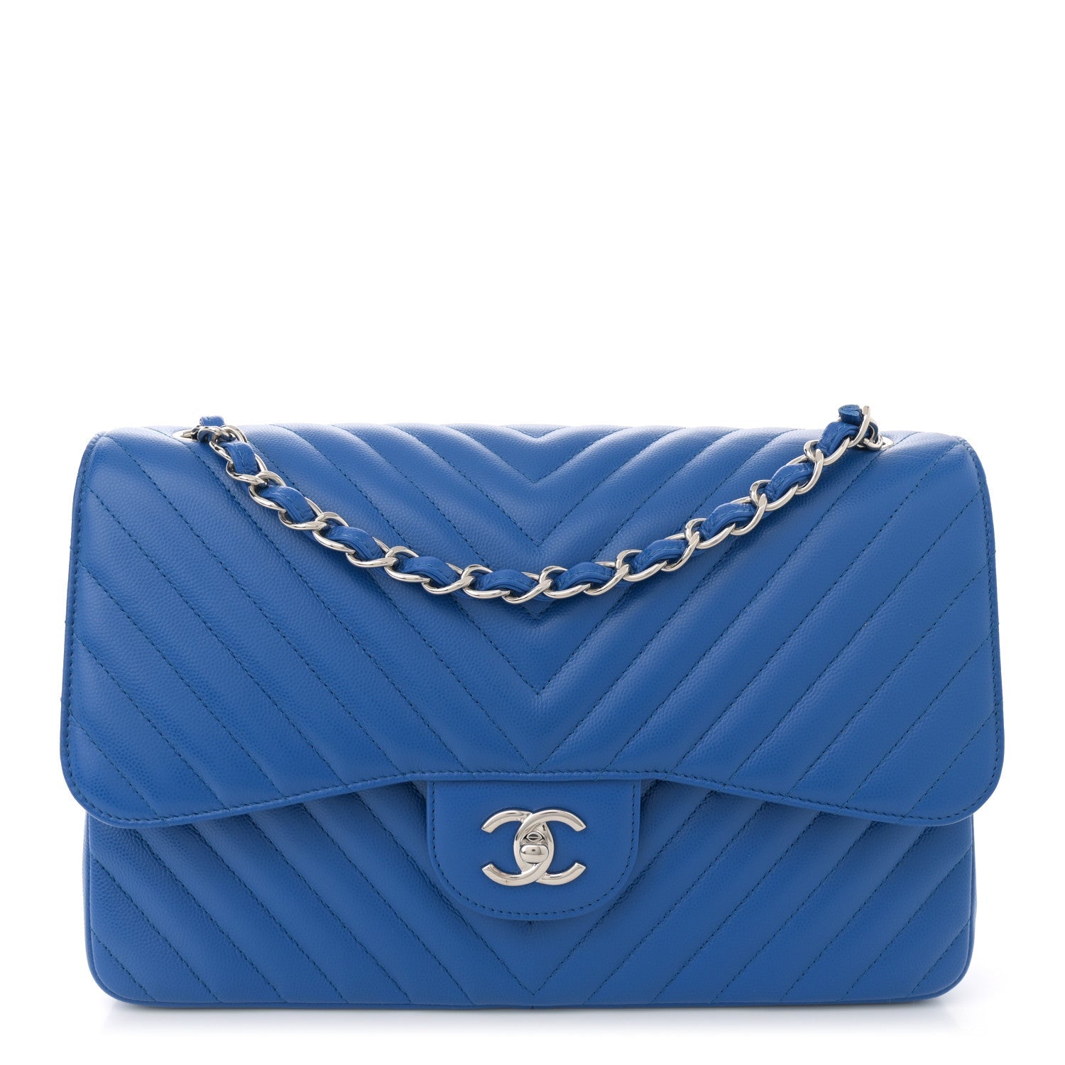 Caviar Chevron Quilted Jumbo Double Flap Blue