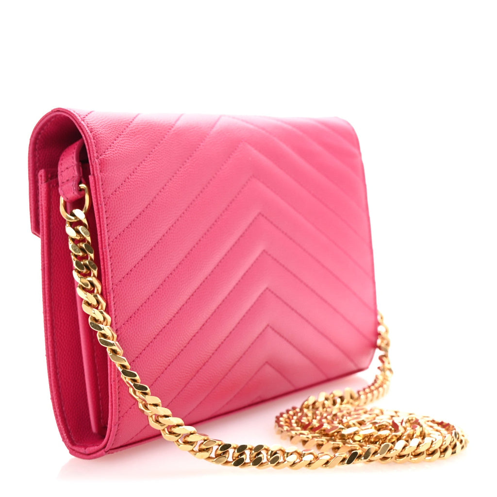 Grain De Poudre Matelasse Chevron Monogram Chain Wallet Lipstick Fuchsia