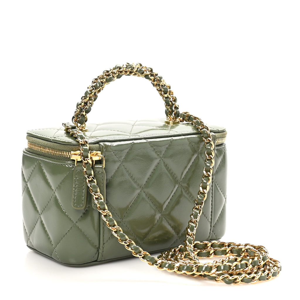 Shiny Crumpled Calfskin Quilted Pick Me Up Vanity Case Khaki