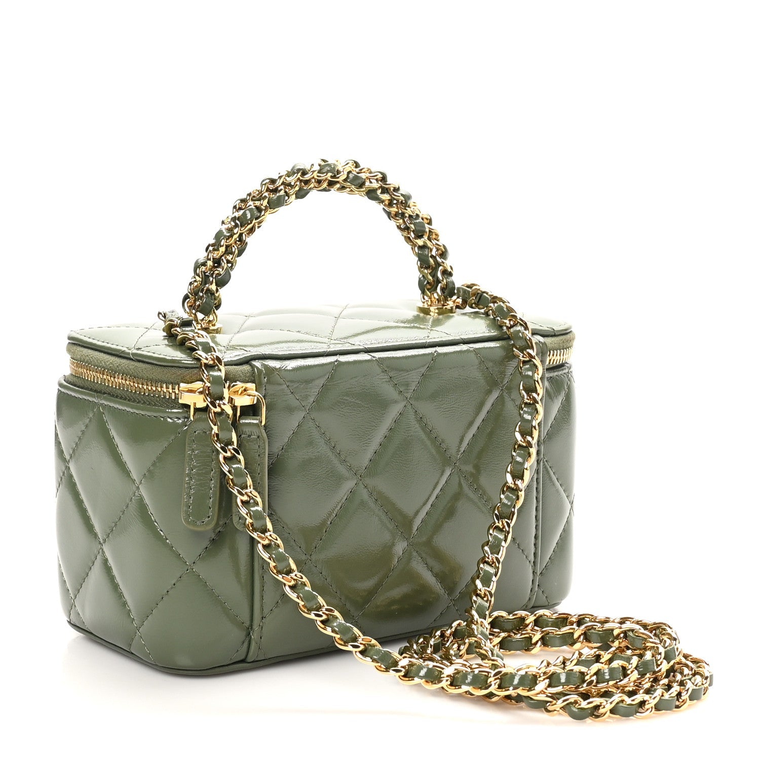 Shiny Crumpled Calfskin Quilted Pick Me Up Vanity Case Khaki