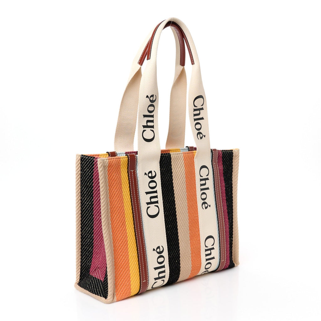 Cotton Calfskin Medium Woody Striped Tote Multicolor