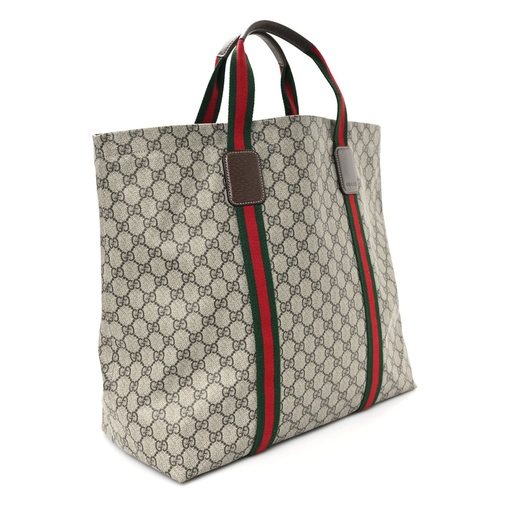 Tender GG Supreme Monogram Textured Dollar Calfskin Web Tote Beige Ebony New Acero