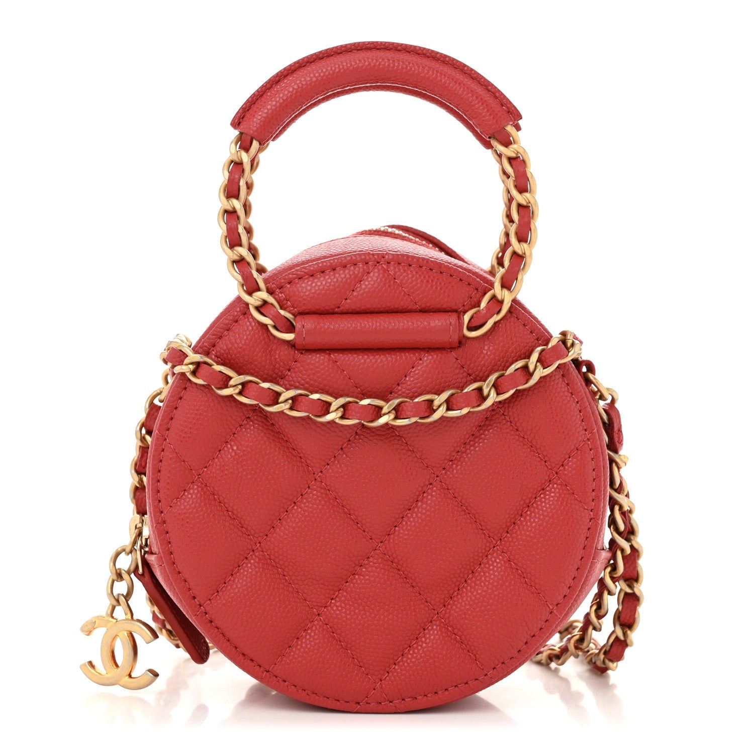 Caviar Quilted Chain Handle Round Clutch With Chain Bag  Red
