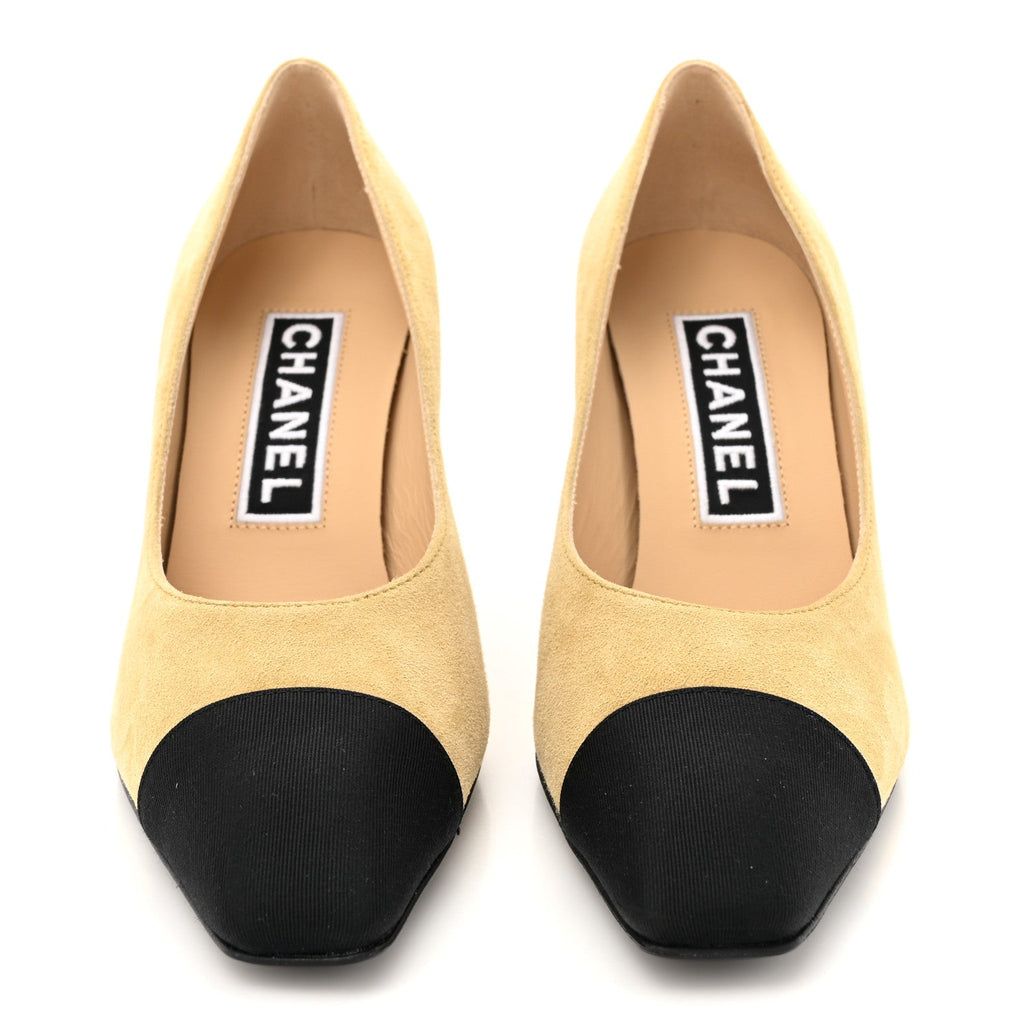 Suede Grosgrain Cap Toe CC Pumps 36 Beige Black
