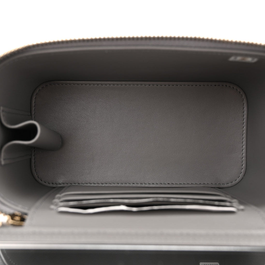 Lambskin Quilted Metal Small Top Handle Vanity Case With Chain Grey