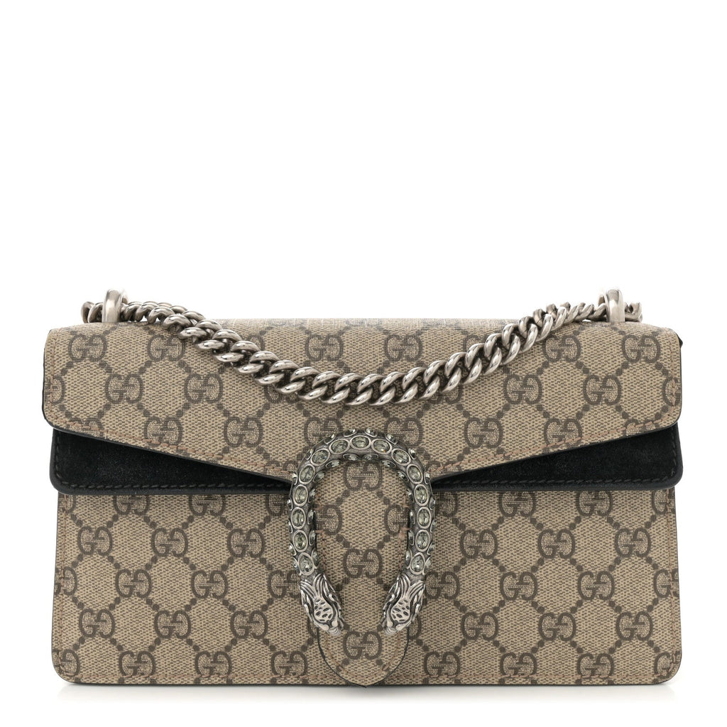 GG Supreme Monogram Suede Crystal Small Dionysus Shoulder Bag Beige Ebony Black