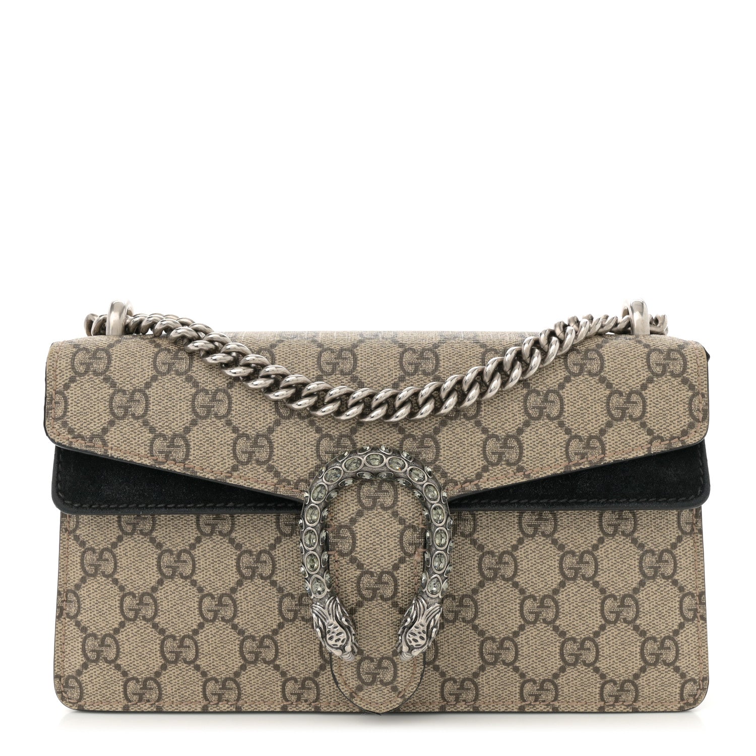 GG Supreme Monogram Suede Crystal Small Dionysus Shoulder Bag Beige Ebony Black