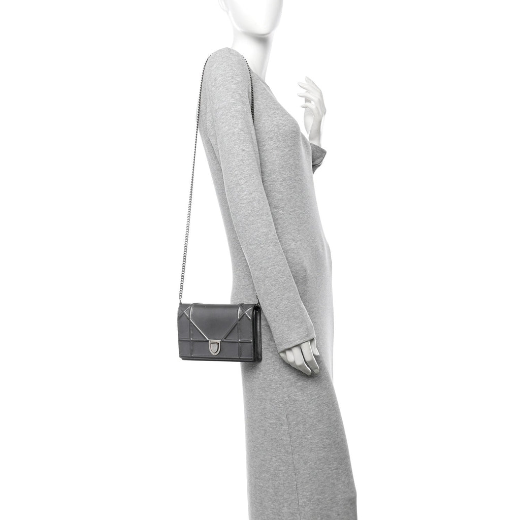 Metallic Grained Calfskin Diorama Wallet on Chain Pouch Gunmetal Grey