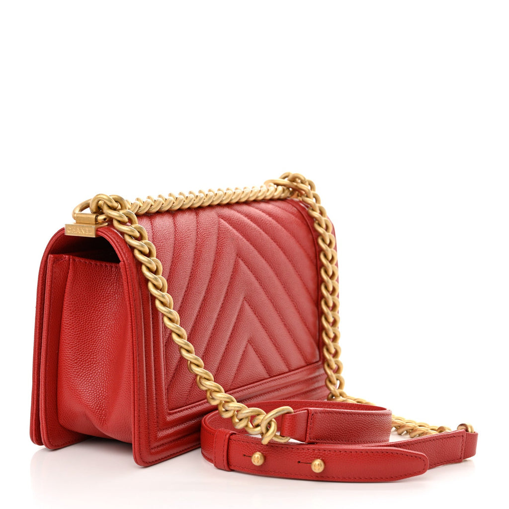 Caviar Chevron Quilted Medium Boy Flap Red